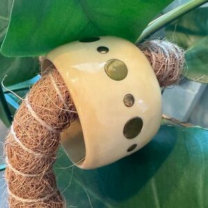 Iris Apfel Estate! Tan (Aged bone) Bangle Bracelet w/ Round Gold Metal Inlays!